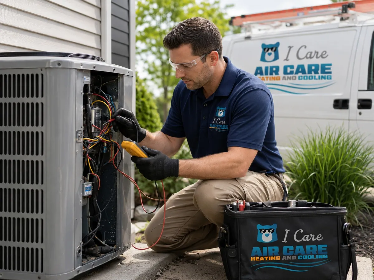 I Care Air Care technician running electrical diagnostics on an outdoor AC condenser in Wesley Chapel