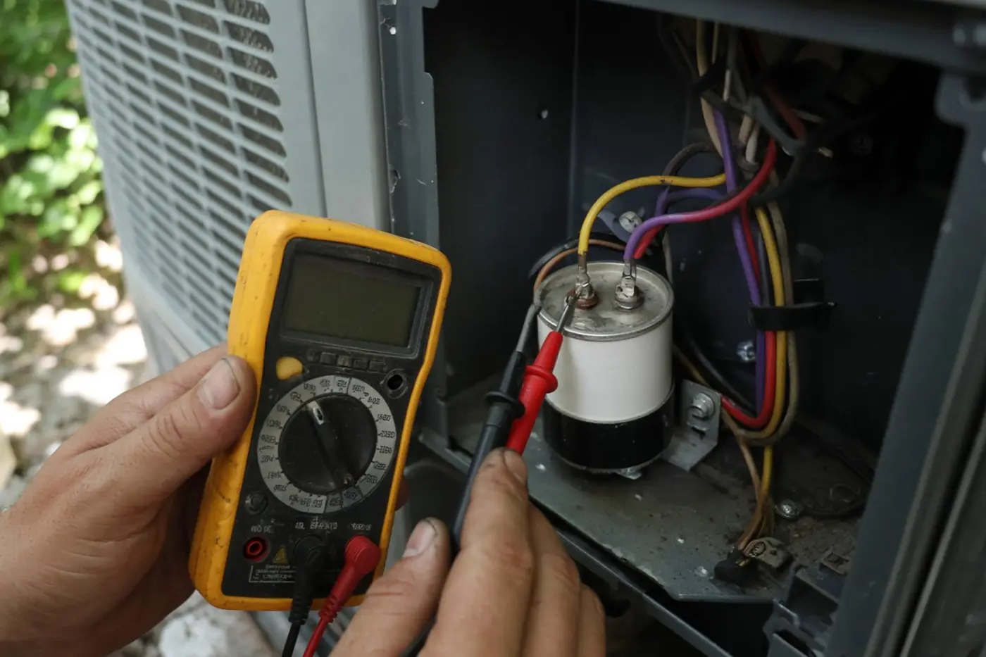 Multimeter on an AC run capacitor during a Tampa Bay diagnostic
