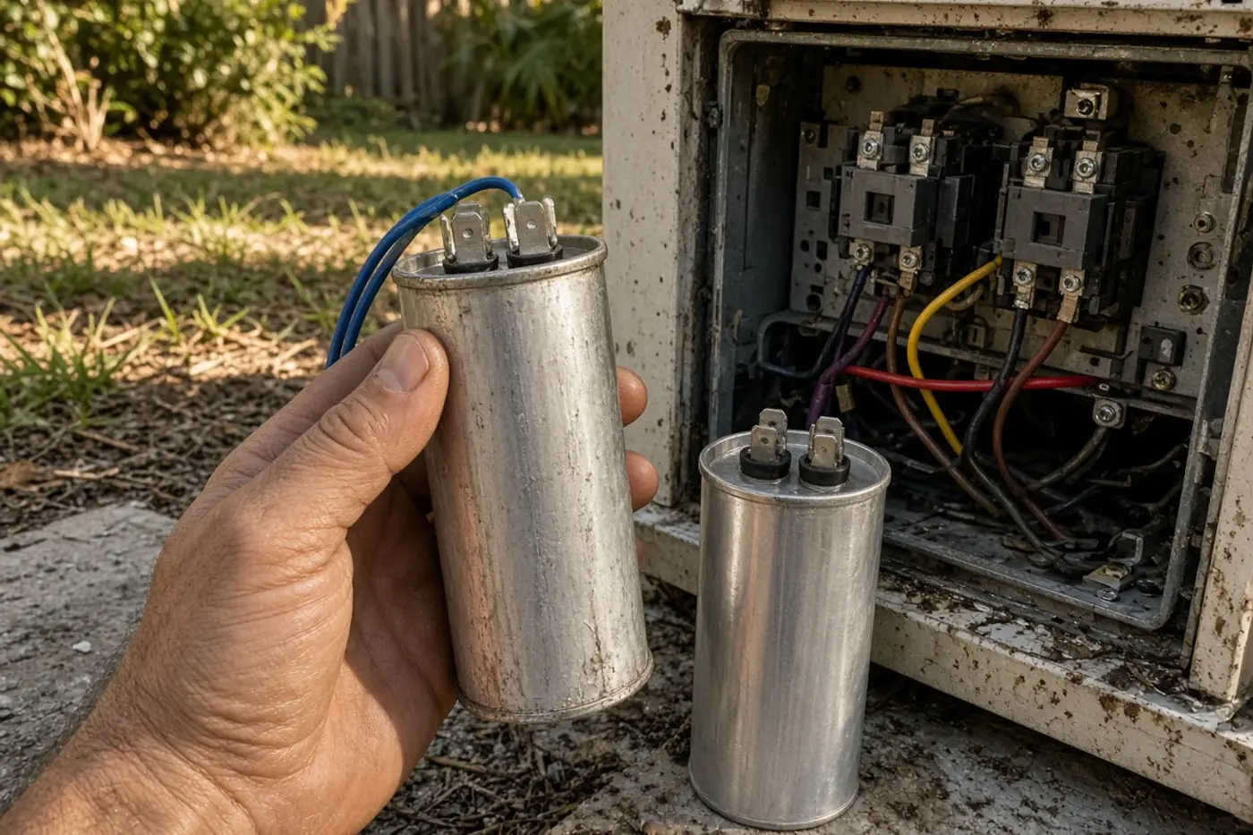 Failed dual-run capacitor next to a new one during AC repair in Tampa