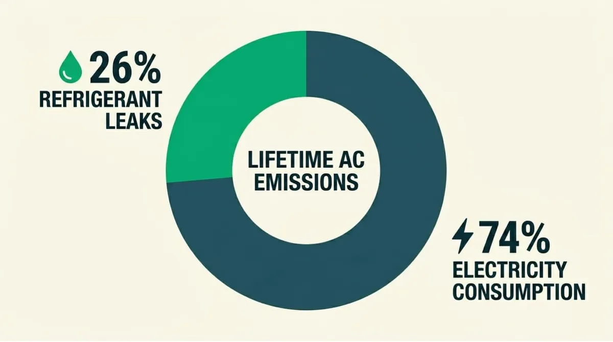 AC carbon footprint split between electricity use and refrigerant leaks