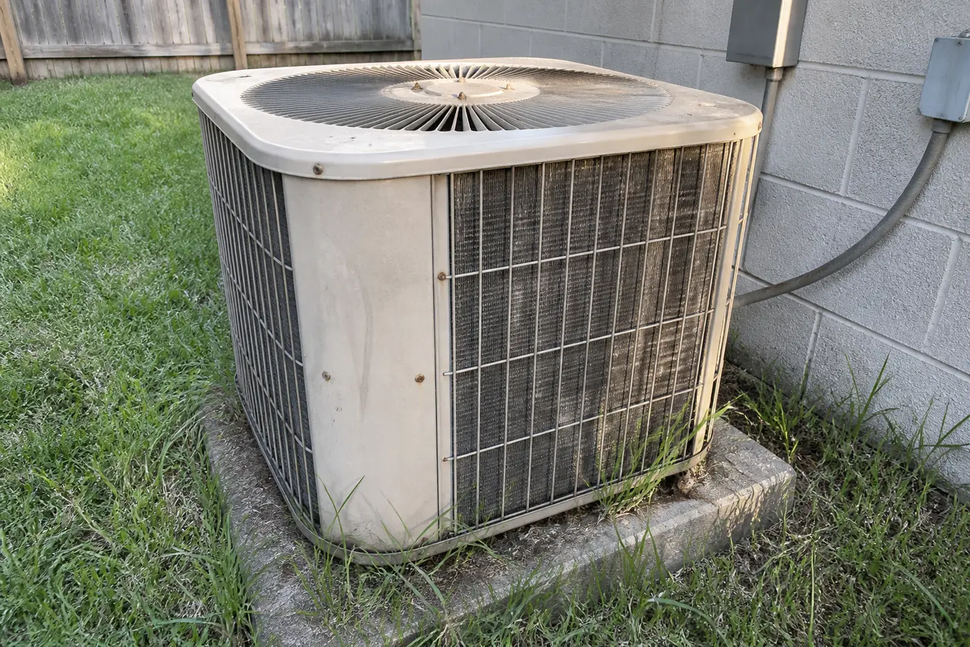 Aging outdoor AC condenser in Florida, typical of how long AC units last in Tampa Bay