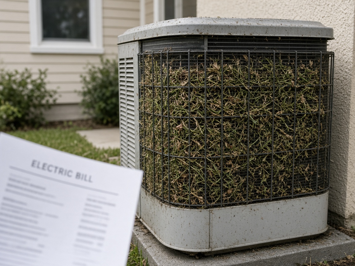 Dirty outdoor AC condenser coils packed with debris