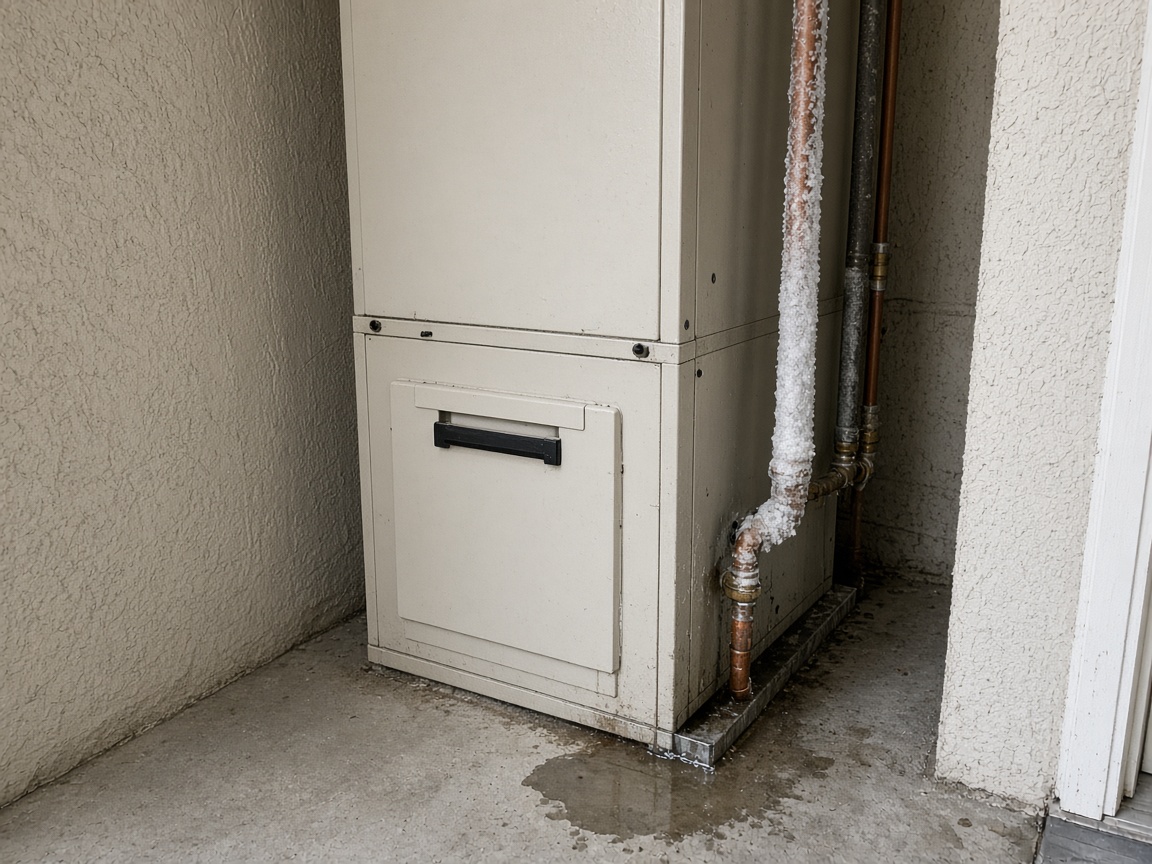 Frost on an air handler suction line and water on the floor
