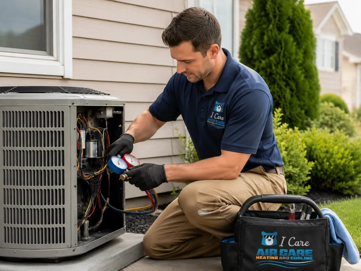 I Care Air Care technician using refrigerant gauges to repair an AC condenser in Wesley Chapel, FL