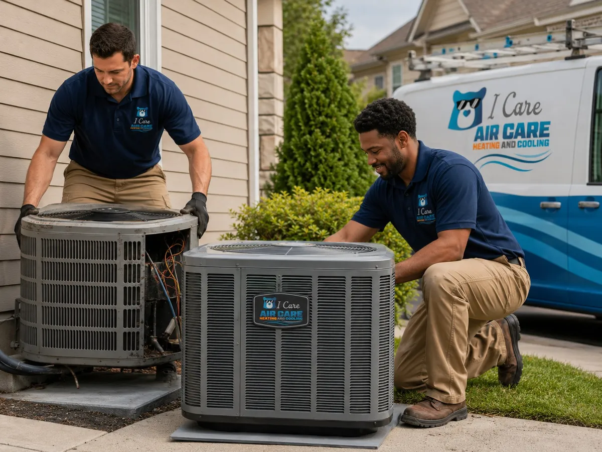 I Care Air Care technicians removing an old unit and installing a new AC condenser in Wesley Chapel, FL