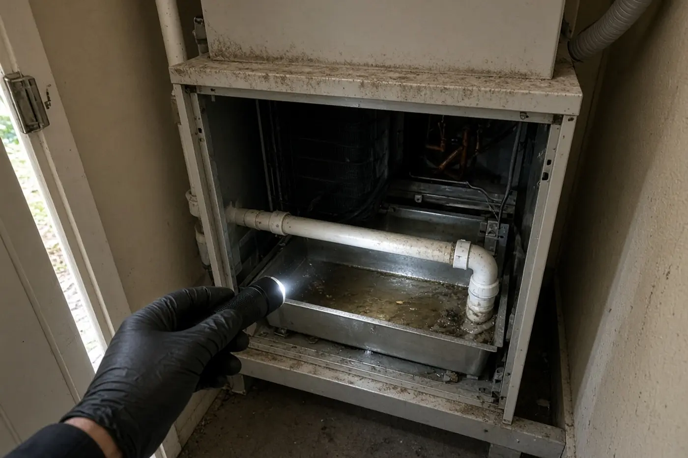 Condensate drain pan inside an air handler during an AC tune-up in Tampa