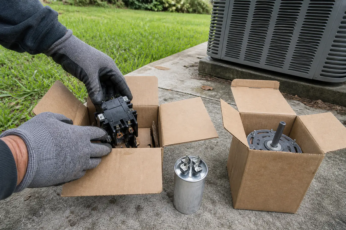 HVAC service parts next to an outdoor condenser