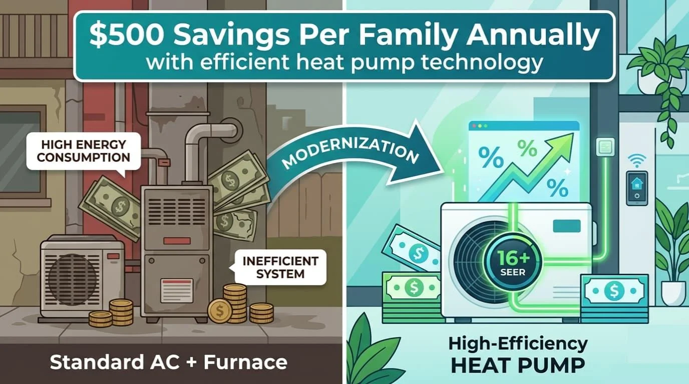 Infographic comparing an efficient heat pump annual savings versus a standard AC and furnace in Tampa