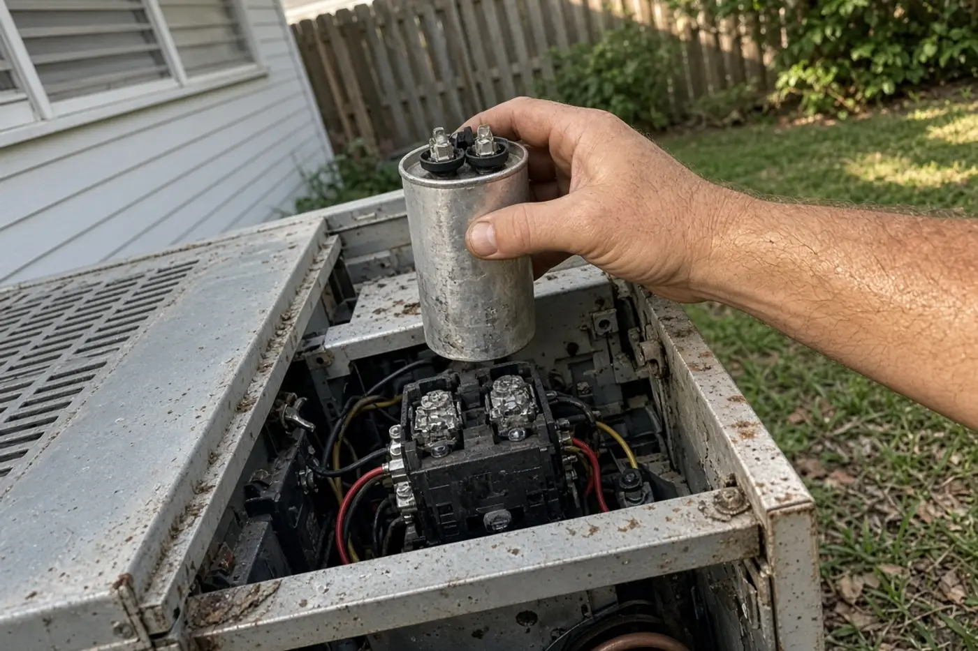 Failed capacitor in hand during urgent AC repair
