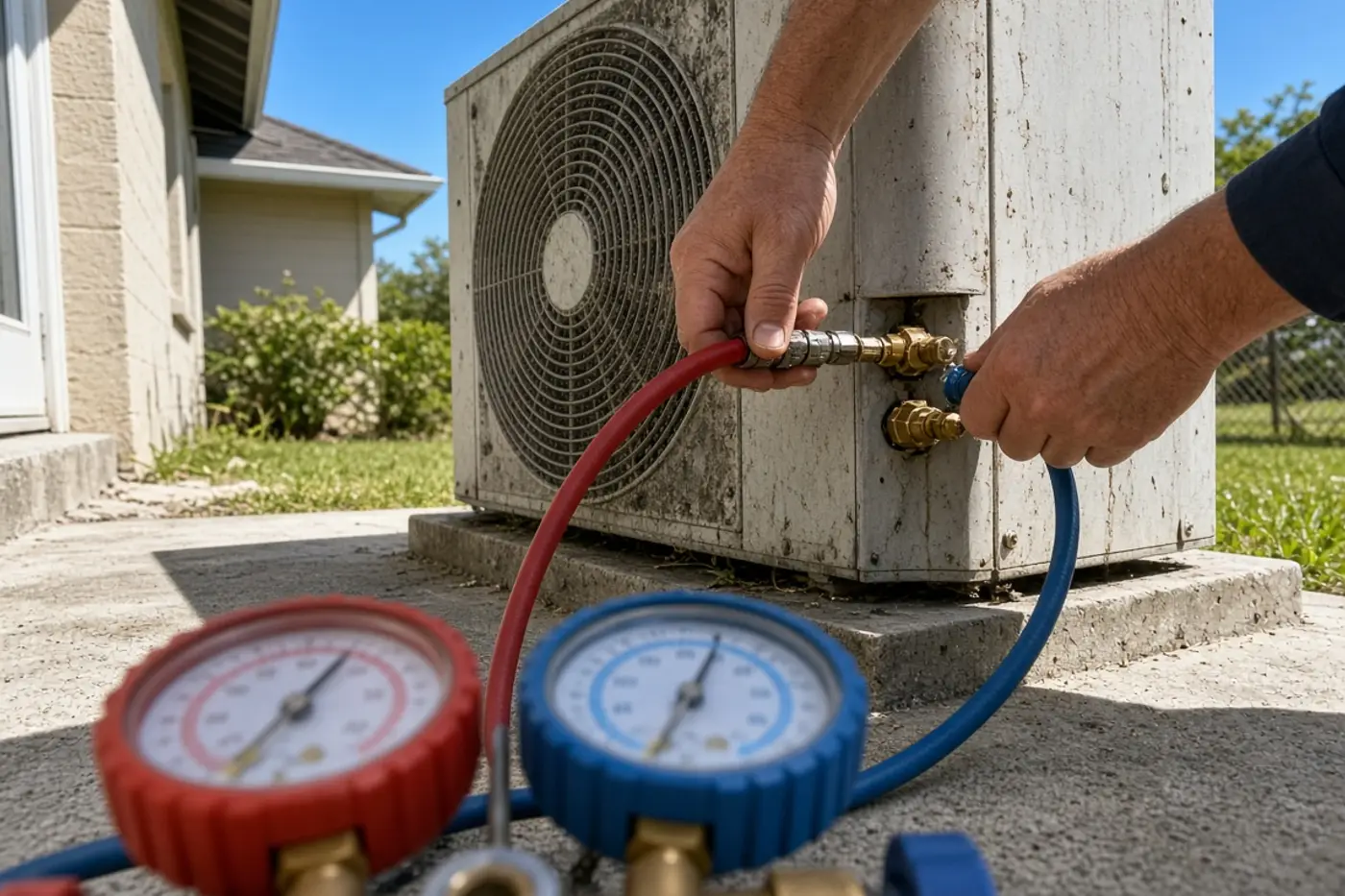 Manifold gauges on a condenser during emergency AC repair in Tampa Bay