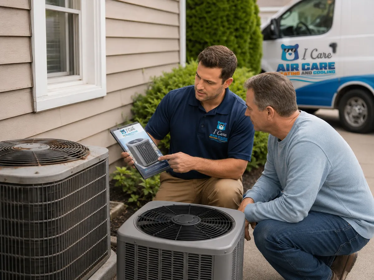 I Care Air Care technician reviewing a repair quote and warranty with a Tampa Bay homeowner