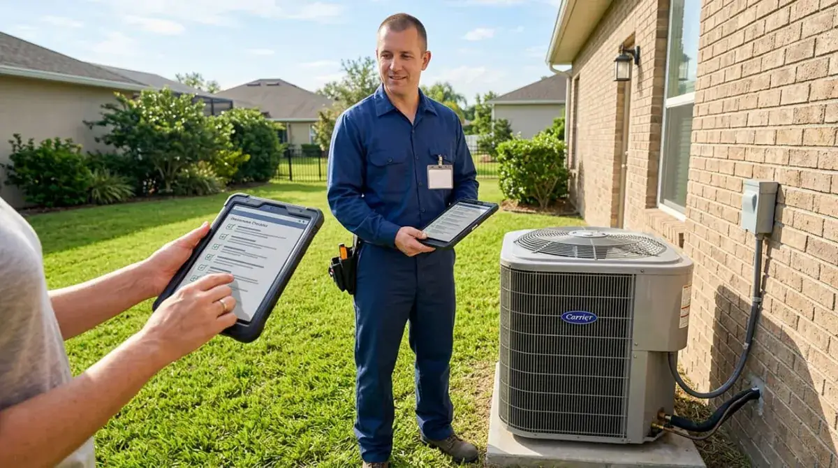 Homeowner choosing a safe, qualified AC repair company in Wesley Chapel during the Florida summer