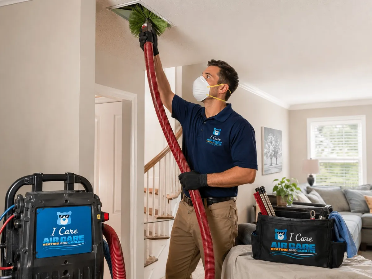 I Care Air Care technician performing professional air duct cleaning in a Wesley Chapel home - join our growing team