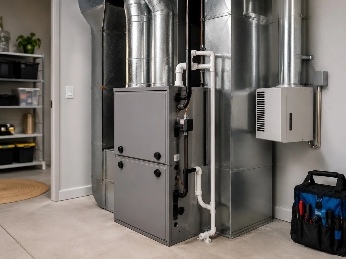 Indoor HVAC air handler and ductwork in a new-construction Epperson and Mirada home