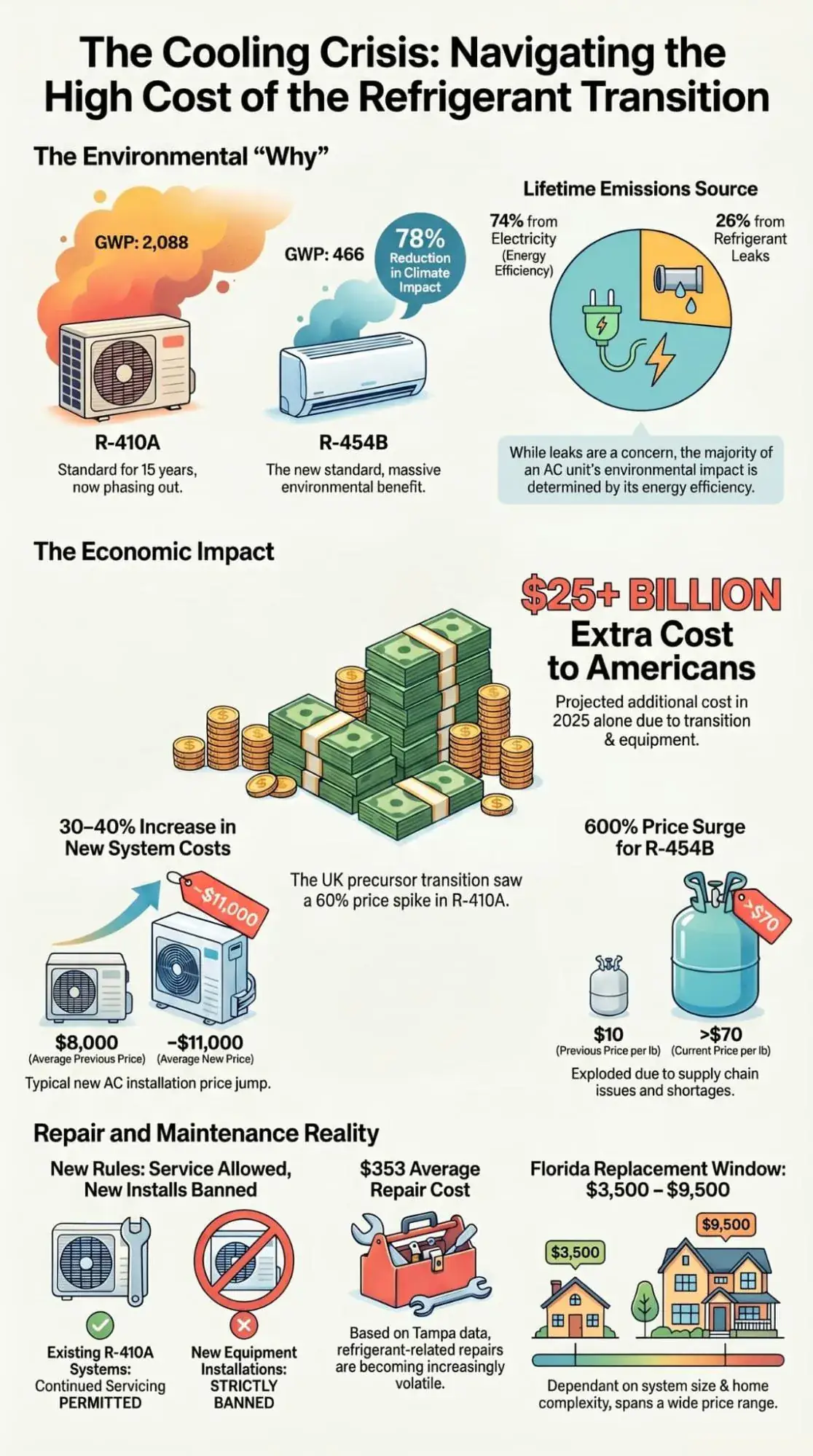 Infographic of refrigerant phase-out key statistics affecting AC repair costs in Florida