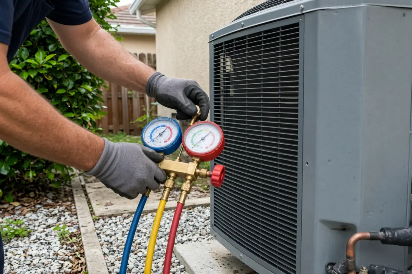 Gauges on an outdoor condenser during a replacement