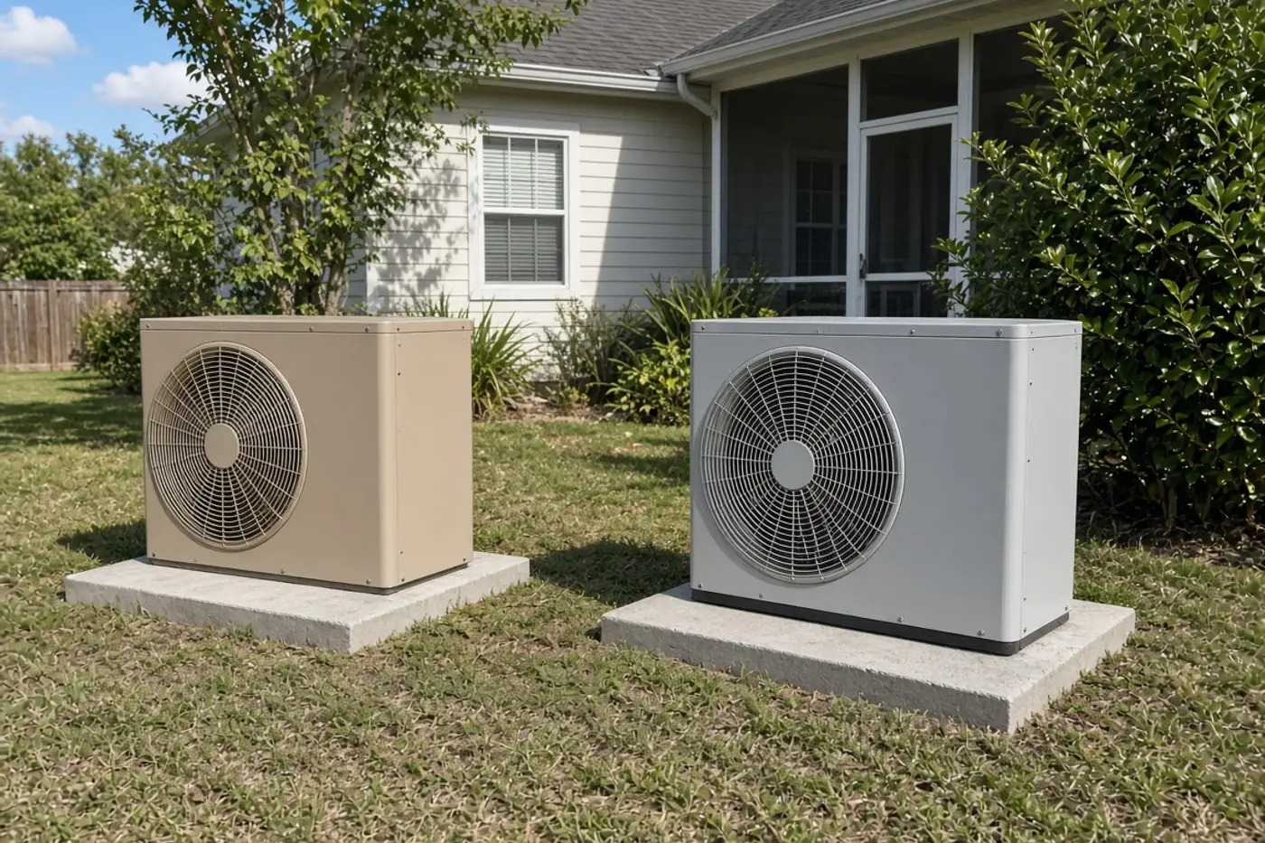 Two outdoor AC condensers on pads at a Tampa Bay home, Rheem vs Trane comparison