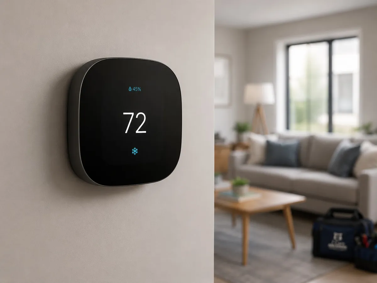 Smart thermostat set to 72 degrees with 45% humidity, illustrating SEER2 cooling efficiency in Florida
