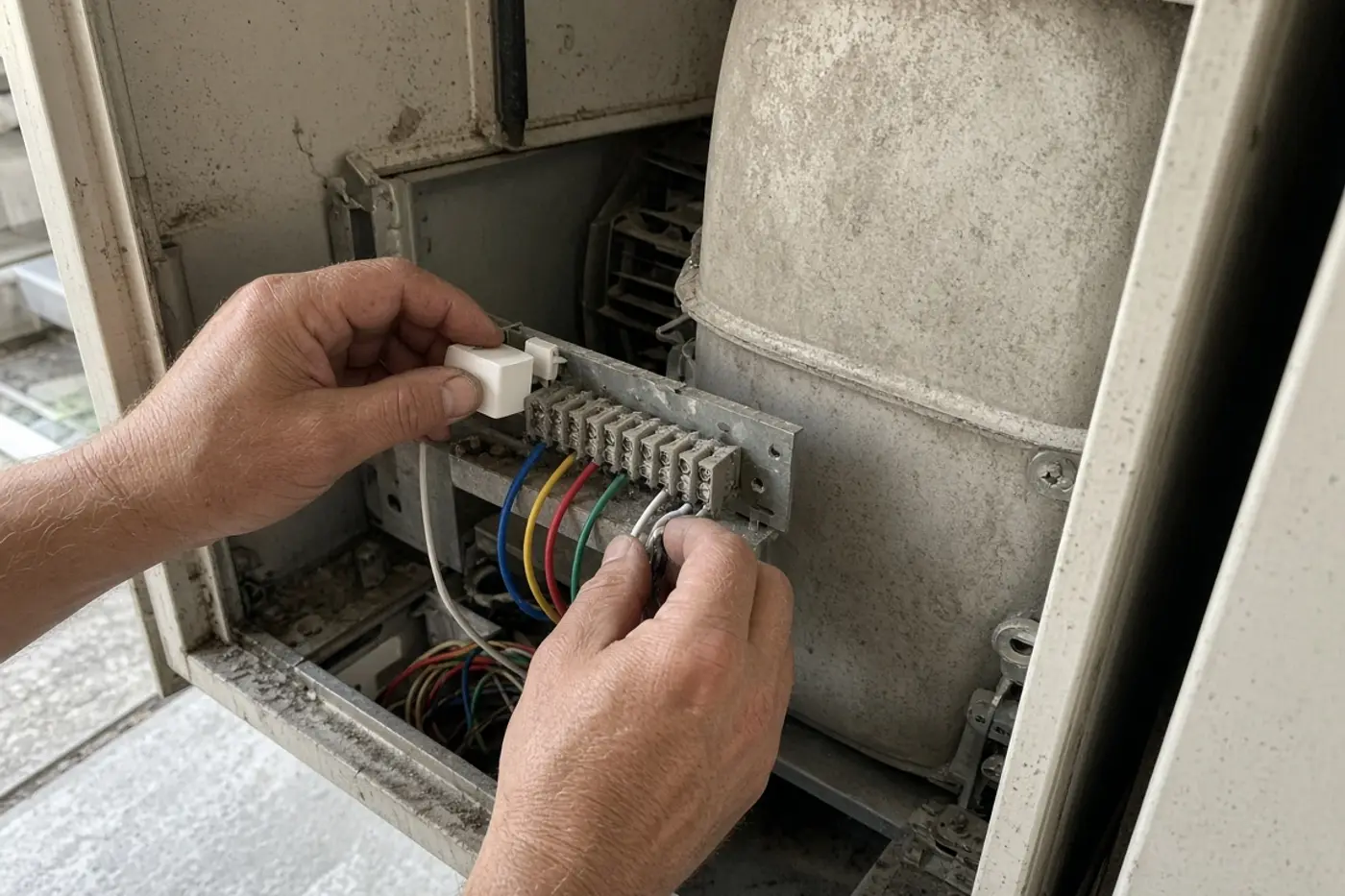 Hands installing a C-wire adapter on an air handler during thermostat installation in Tampa
