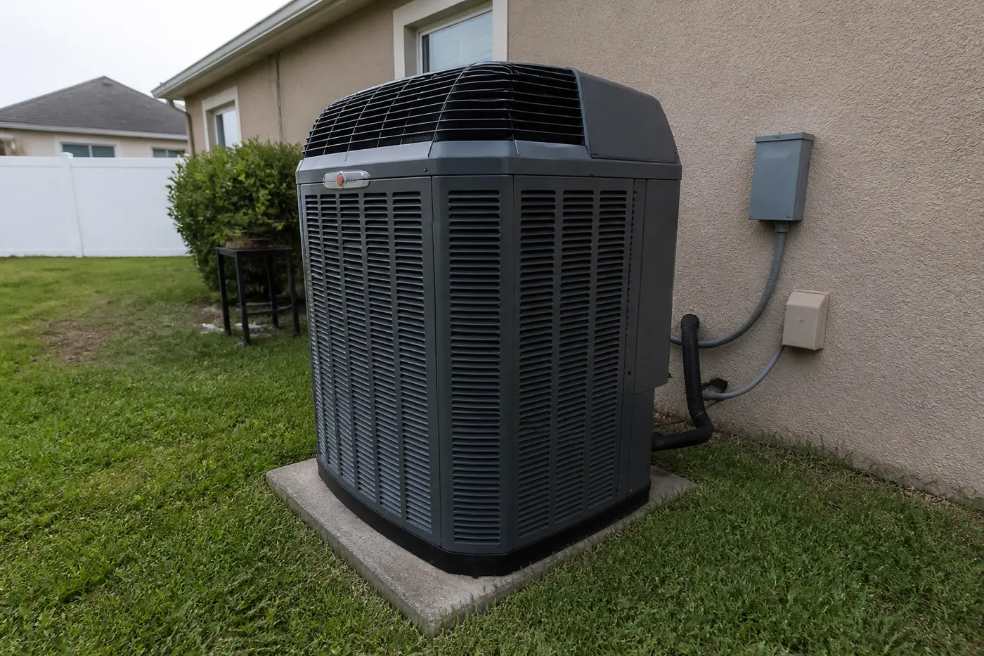 Trane outdoor heat pump condenser on a replacement pad